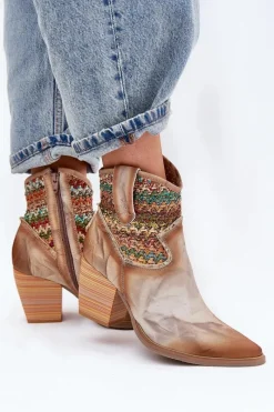 Clearance Skórzane Botki Kowbojki Na Słupku Z Ozdobną Plecionką 06810-29 Multikolor Damskie Botki Wiosenne|Botki Na Słupku