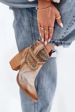 Clearance Skórzane Botki Kowbojki Na Słupku Z Ozdobną Plecionką 06810-29 Multikolor Damskie Botki Wiosenne|Botki Na Słupku