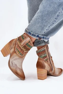 Clearance Skórzane Botki Kowbojki Na Słupku Z Ozdobną Plecionką 06810-29 Multikolor Damskie Botki Wiosenne|Botki Na Słupku