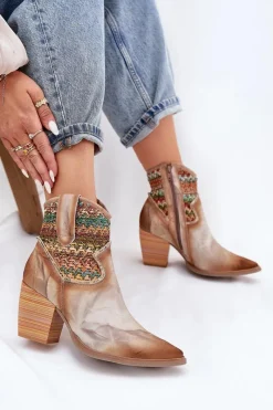 Clearance Skórzane Botki Kowbojki Na Słupku Z Ozdobną Plecionką 06810-29 Multikolor Damskie Botki Wiosenne|Botki Na Słupku