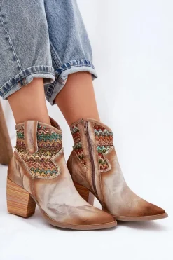 Clearance Skórzane Botki Kowbojki Na Słupku Z Ozdobną Plecionką 06810-29 Multikolor Damskie Botki Wiosenne|Botki Na Słupku