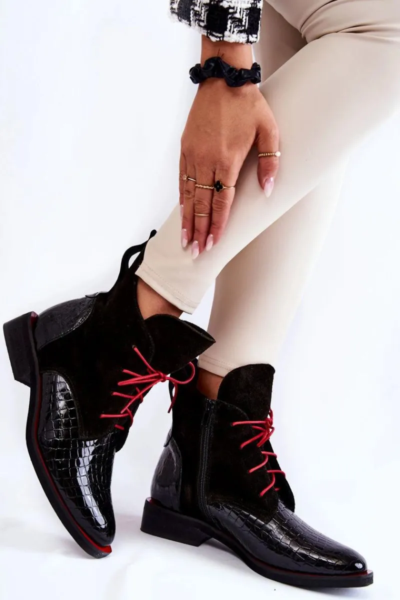 Skórzane Botki Krokodyli Wzór Czarno-Czerwone Cheyenne Damskie Botki Sznurowane|Czarne Botki