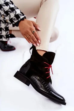 Skórzane Botki Krokodyli Wzór Czarno-Czerwone Cheyenne Damskie Botki Sznurowane|Czarne Botki