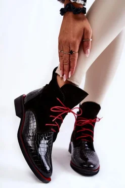 Skórzane Botki Krokodyli Wzór Czarno-Czerwone Cheyenne Damskie Botki Sznurowane|Czarne Botki