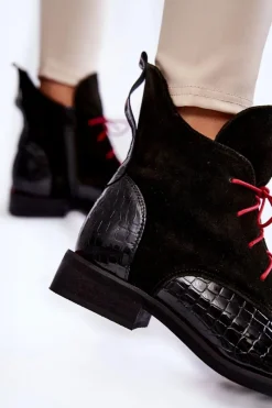 Skórzane Botki Krokodyli Wzór Czarno-Czerwone Cheyenne Damskie Botki Sznurowane|Czarne Botki