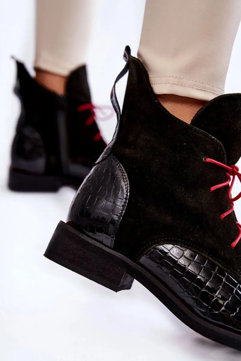 Skórzane Botki Krokodyli Wzór Czarno-Czerwone Cheyenne Damskie Botki Sznurowane|Czarne Botki