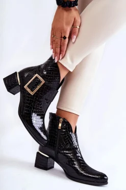 Czarne Botki|Botki Zimowe Damskie>Boto Skórzane Botki Krokodyli Wzór Na Suwak Czarne Briana
