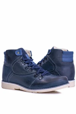 Outlet Skórzane Botki Męskie Ocieplane Granatowe Komodo 733 Męskie Botki Męskie