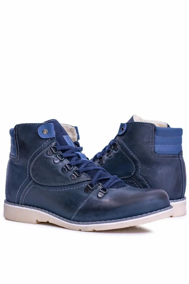 Outlet Skórzane Botki Męskie Ocieplane Granatowe Komodo 733 Męskie Botki Męskie