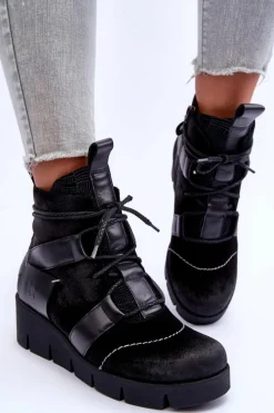 Botki Maciejka|Botki Skórzane>Maciejka Skórzane Botki Na Koturnie 06185-01 Czarne