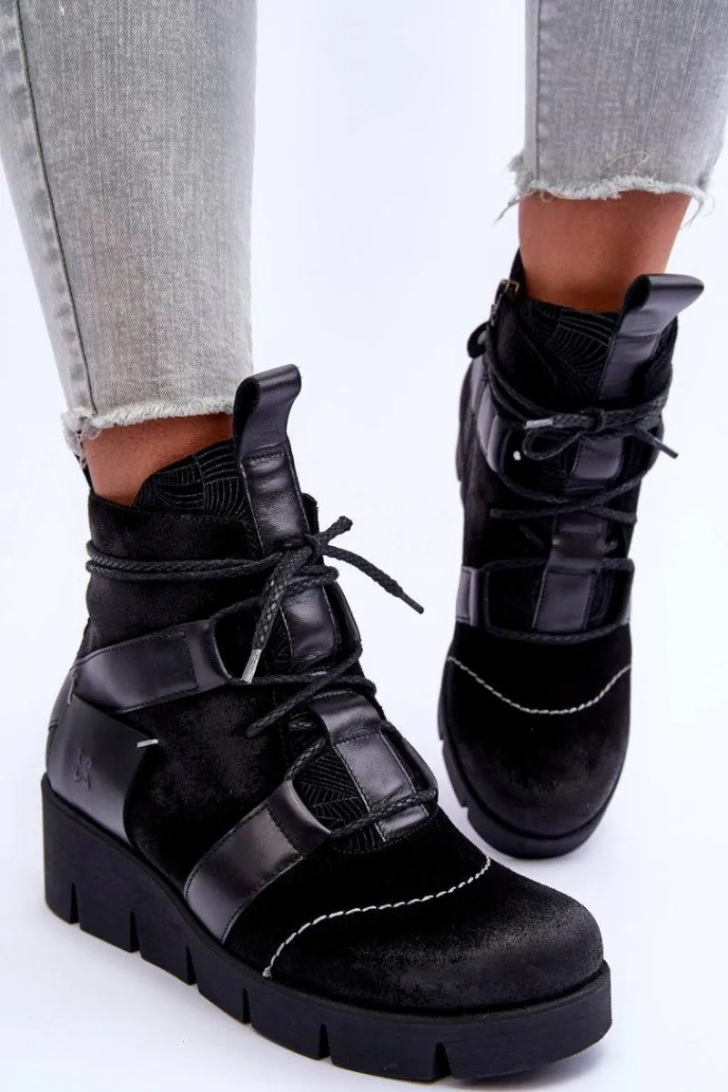 Botki Maciejka|Botki Skórzane>Maciejka Skórzane Botki Na Koturnie 06185-01 Czarne