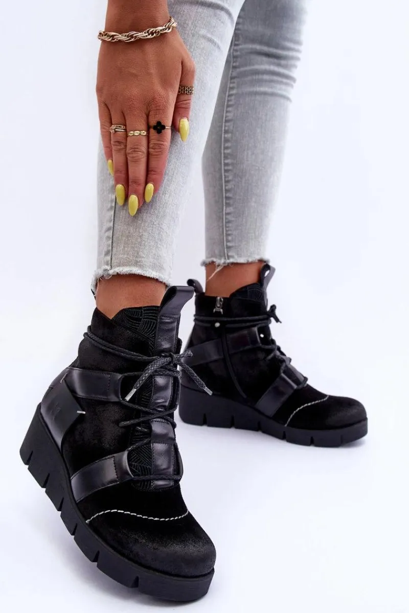 Botki Maciejka|Botki Skórzane>Maciejka Skórzane Botki Na Koturnie 06185-01 Czarne