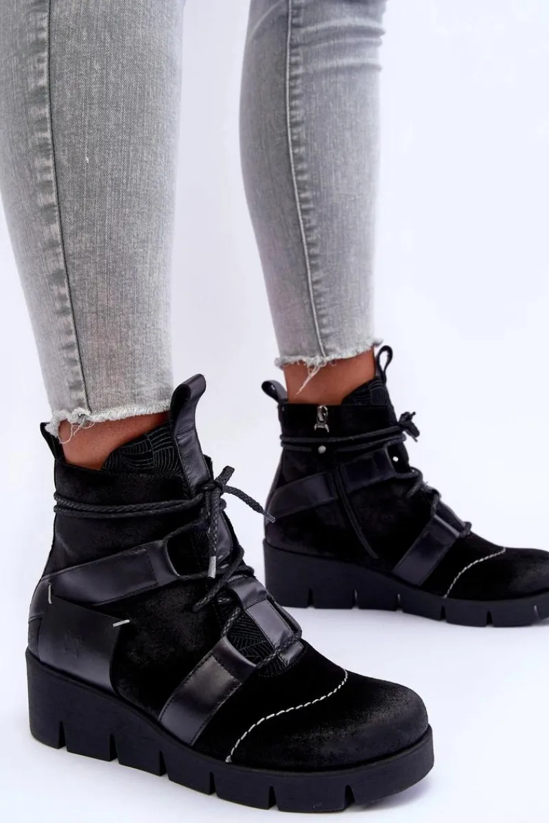 Botki Maciejka|Botki Skórzane>Maciejka Skórzane Botki Na Koturnie 06185-01 Czarne