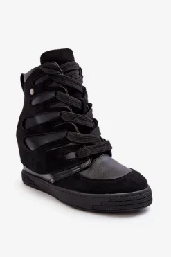 New Boto Skórzane Botki Na Koturnie Sznurowane Czarne Amria Czarny