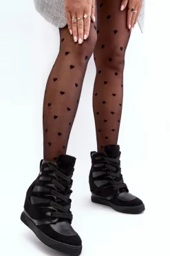 New Boto Skórzane Botki Na Koturnie Sznurowane Czarne Amria Czarny