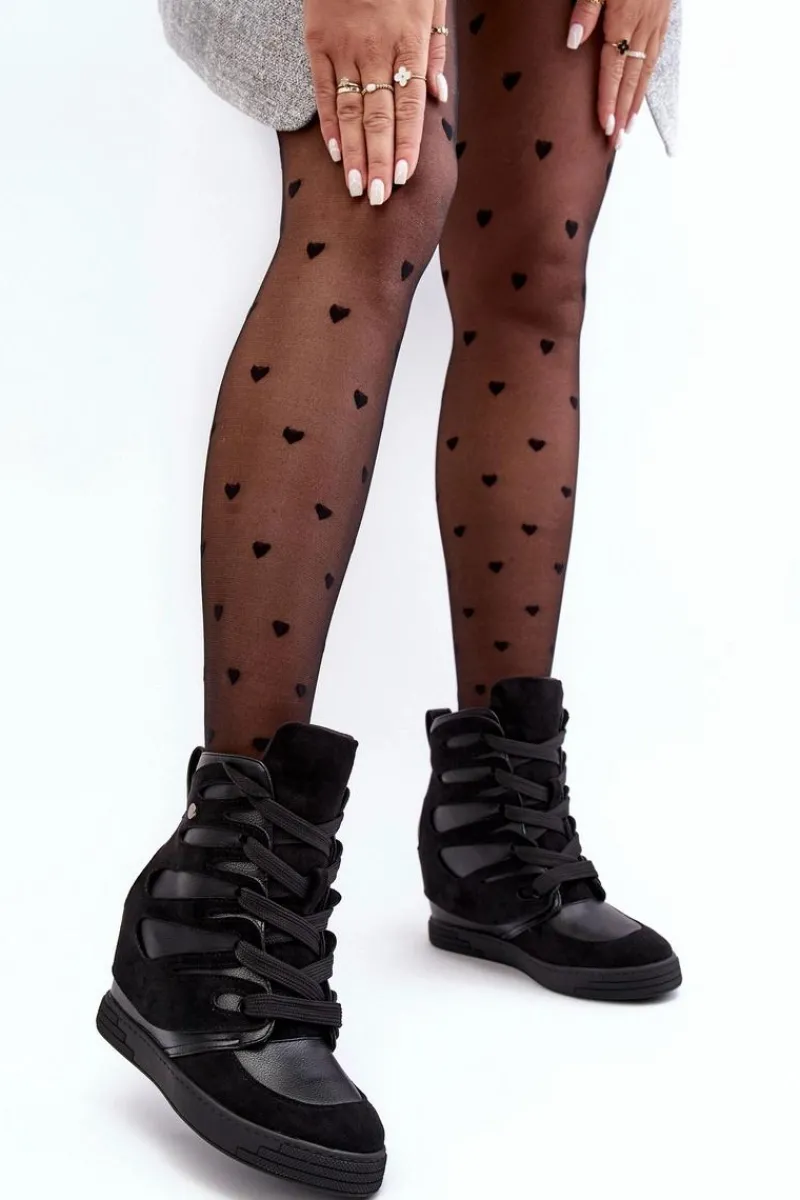 New Boto Skórzane Botki Na Koturnie Sznurowane Czarne Amria Czarny