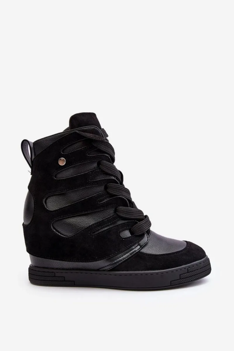 New Boto Skórzane Botki Na Koturnie Sznurowane Czarne Amria Czarny