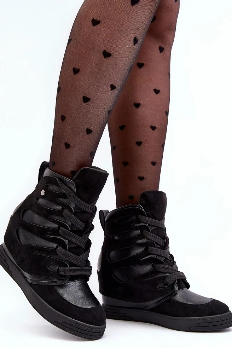 New Boto Skórzane Botki Na Koturnie Sznurowane Czarne Amria Czarny