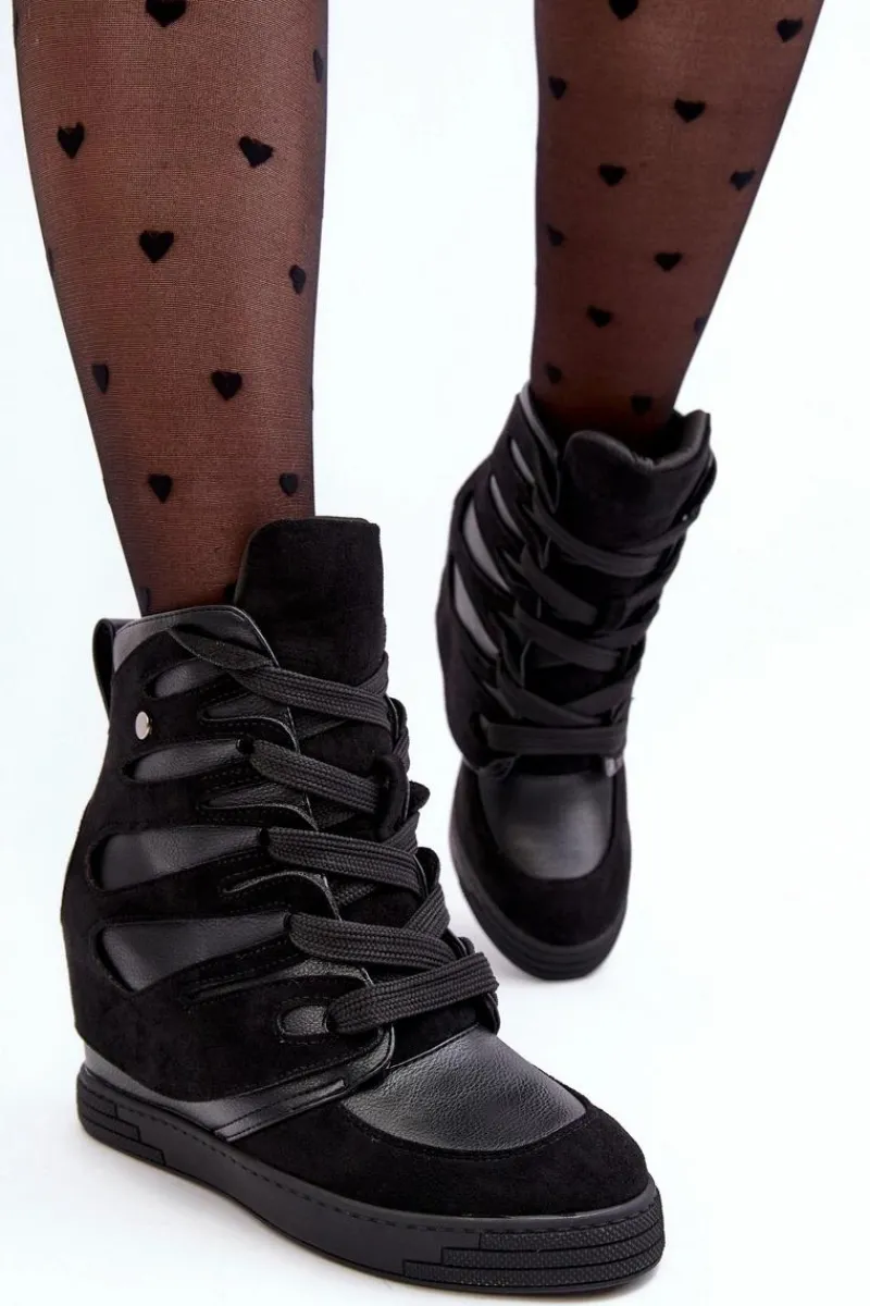 New Boto Skórzane Botki Na Koturnie Sznurowane Czarne Amria Czarny