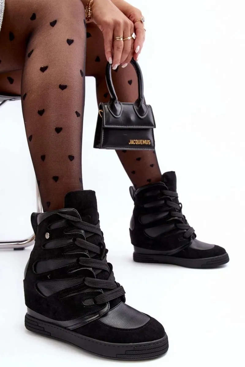 New Boto Skórzane Botki Na Koturnie Sznurowane Czarne Amria Czarny