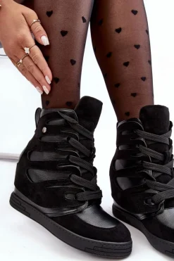 New Boto Skórzane Botki Na Koturnie Sznurowane Czarne Amria Czarny