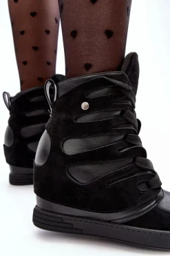 New Boto Skórzane Botki Na Koturnie Sznurowane Czarne Amria Czarny