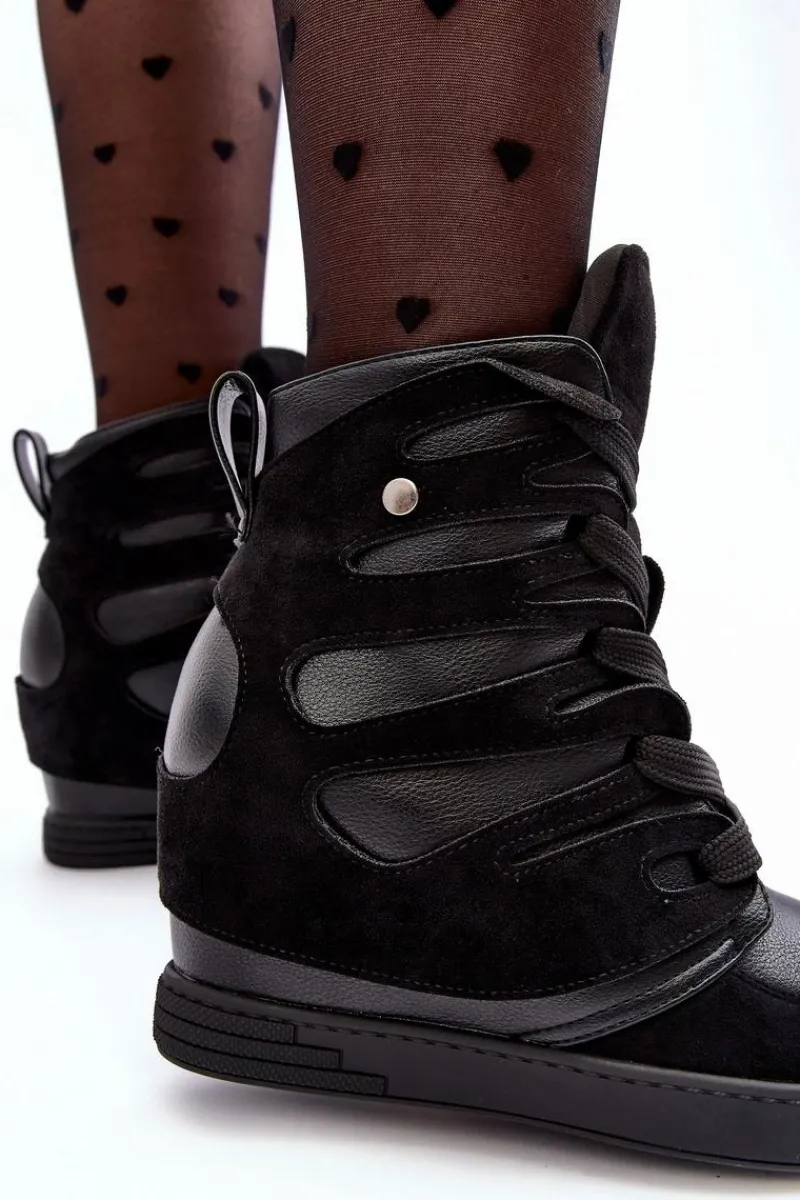 New Boto Skórzane Botki Na Koturnie Sznurowane Czarne Amria Czarny