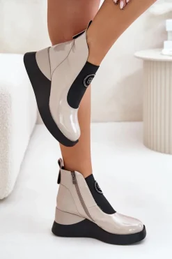 Botki Na Koturnie|Brązowe I Beżowe Botki>Damskie buty S.Barski Skórzane Botki Na Koturnie D&A MR880-137 Beżowe