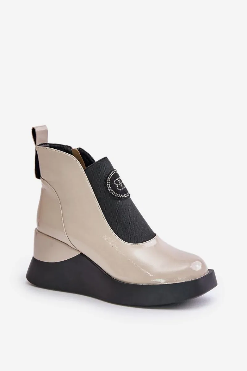 Botki Na Koturnie|Brązowe I Beżowe Botki>Damskie buty S.Barski Skórzane Botki Na Koturnie D&A MR880-137 Beżowe