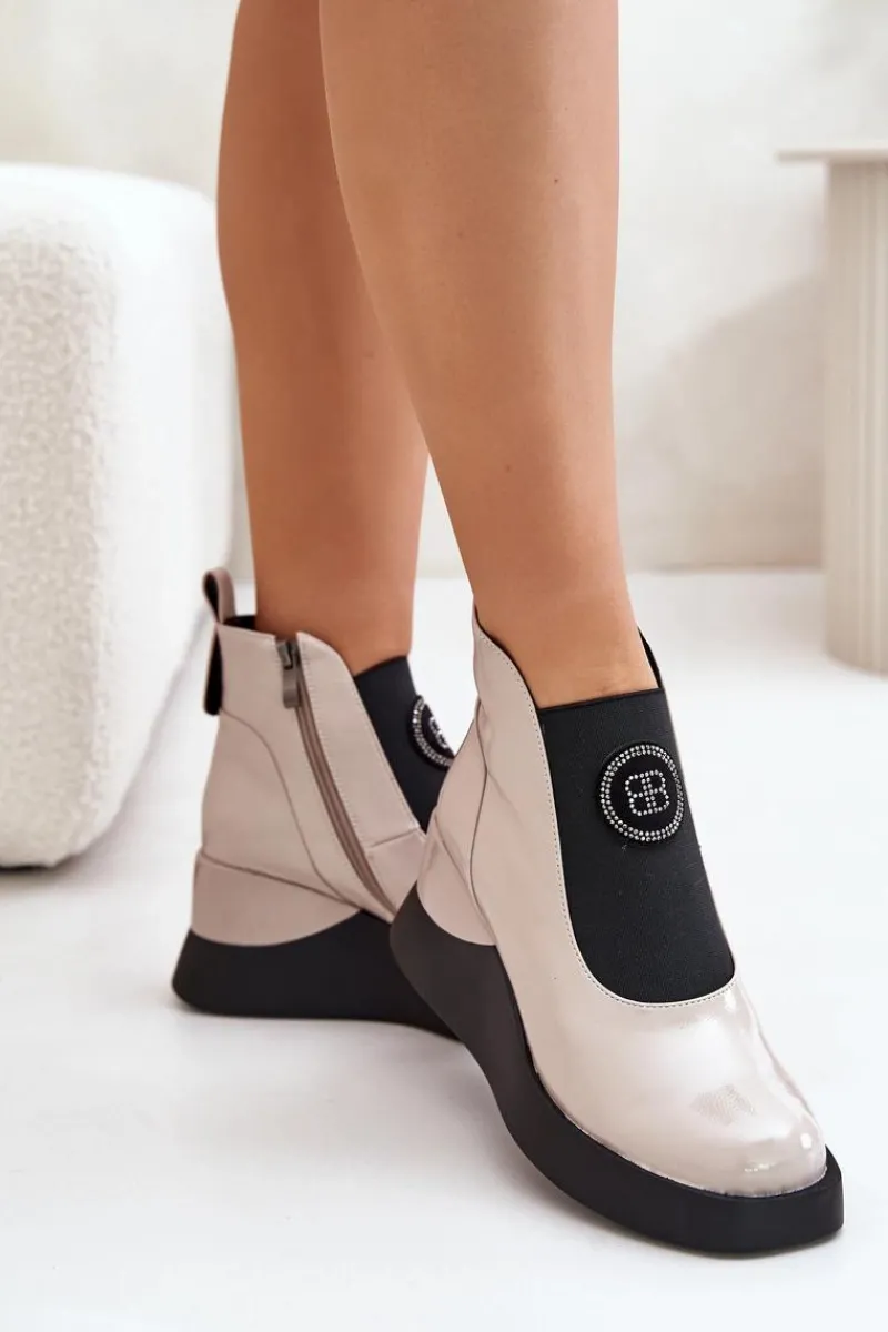 Botki Na Koturnie|Brązowe I Beżowe Botki>Damskie buty S.Barski Skórzane Botki Na Koturnie D&A MR880-137 Beżowe