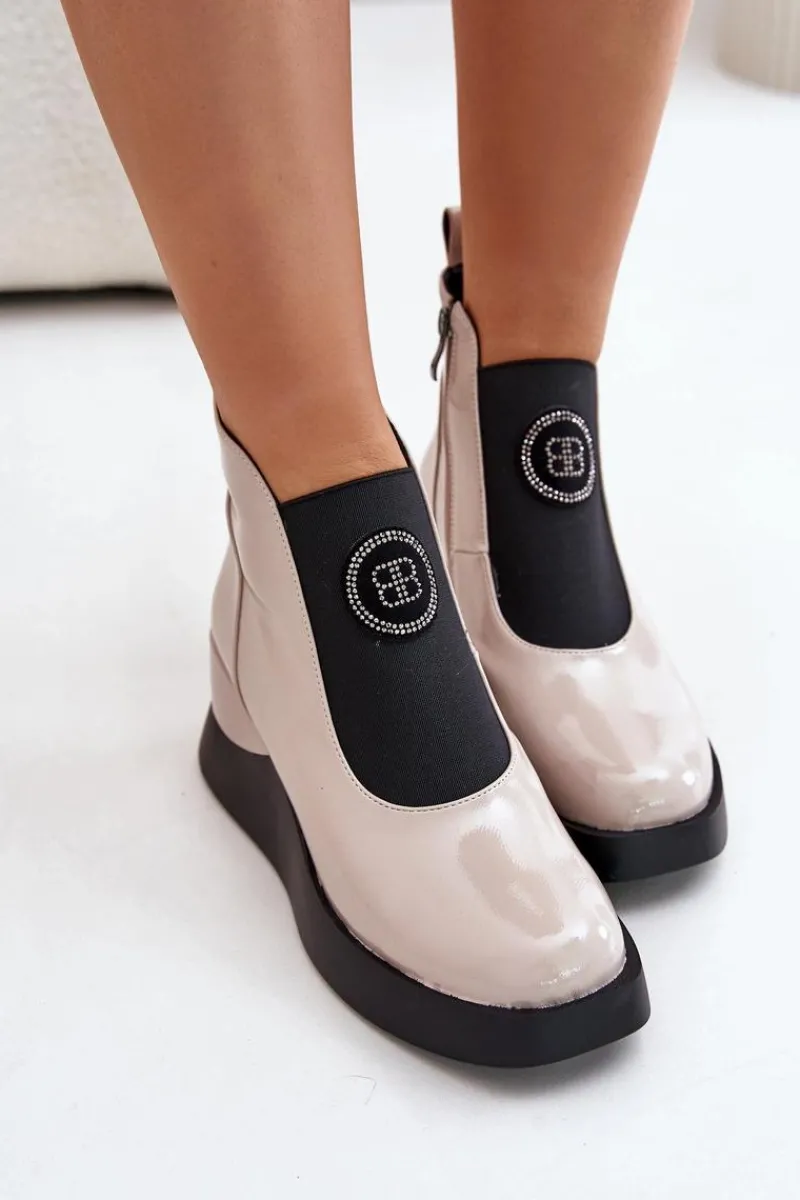 Botki Na Koturnie|Brązowe I Beżowe Botki>Damskie buty S.Barski Skórzane Botki Na Koturnie D&A MR880-137 Beżowe