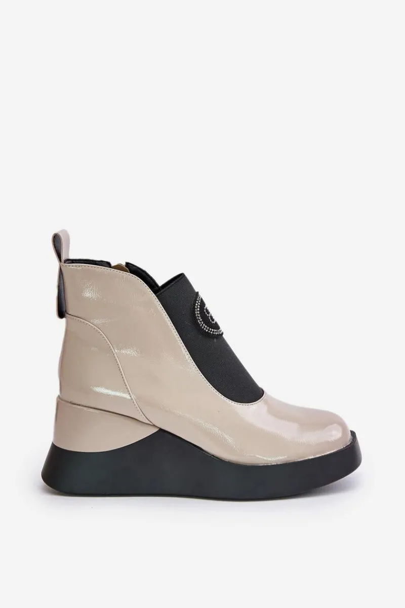 Botki Na Koturnie|Brązowe I Beżowe Botki>Damskie buty S.Barski Skórzane Botki Na Koturnie D&A MR880-137 Beżowe