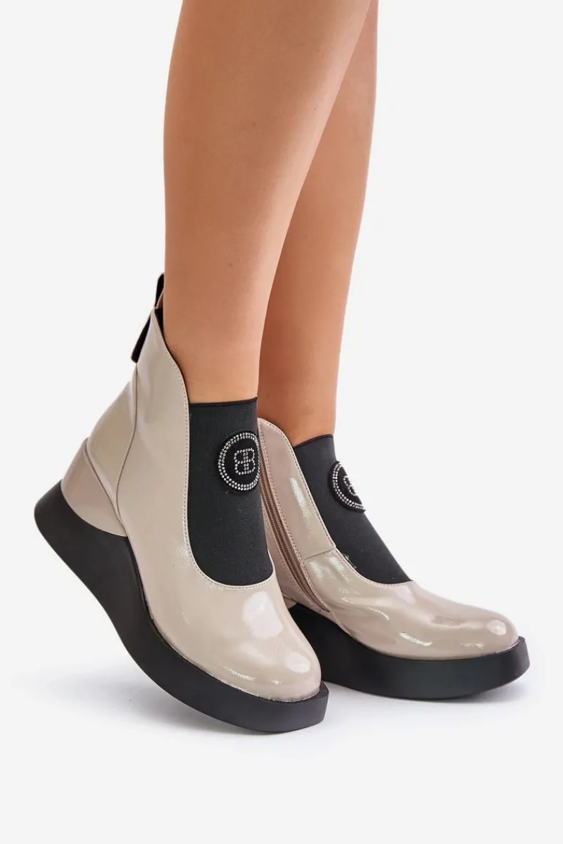 Botki Na Koturnie|Brązowe I Beżowe Botki>Damskie buty S.Barski Skórzane Botki Na Koturnie D&A MR880-137 Beżowe