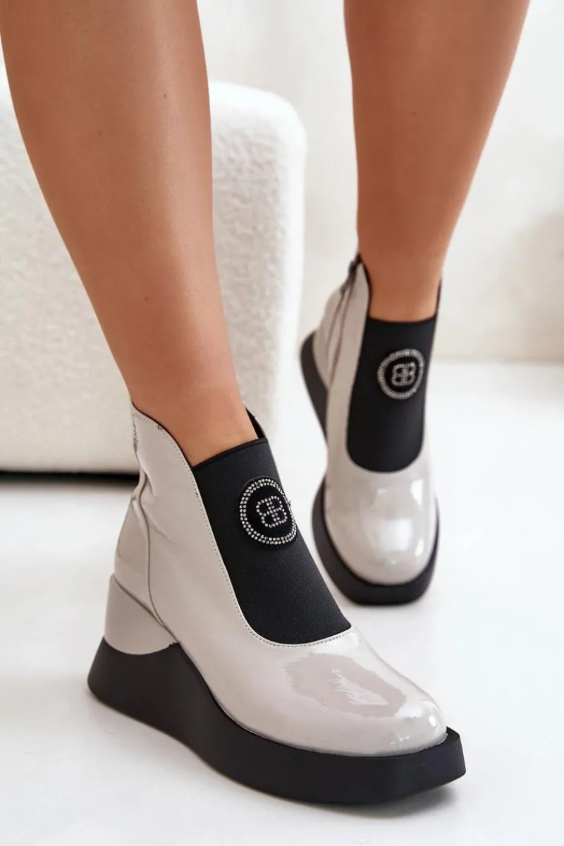 Best Skórzane Botki Na Koturnie D&A MR880-137 Jasnoszare Damskie Brązowe I Beżowe Botki|Botki Na Koturnie