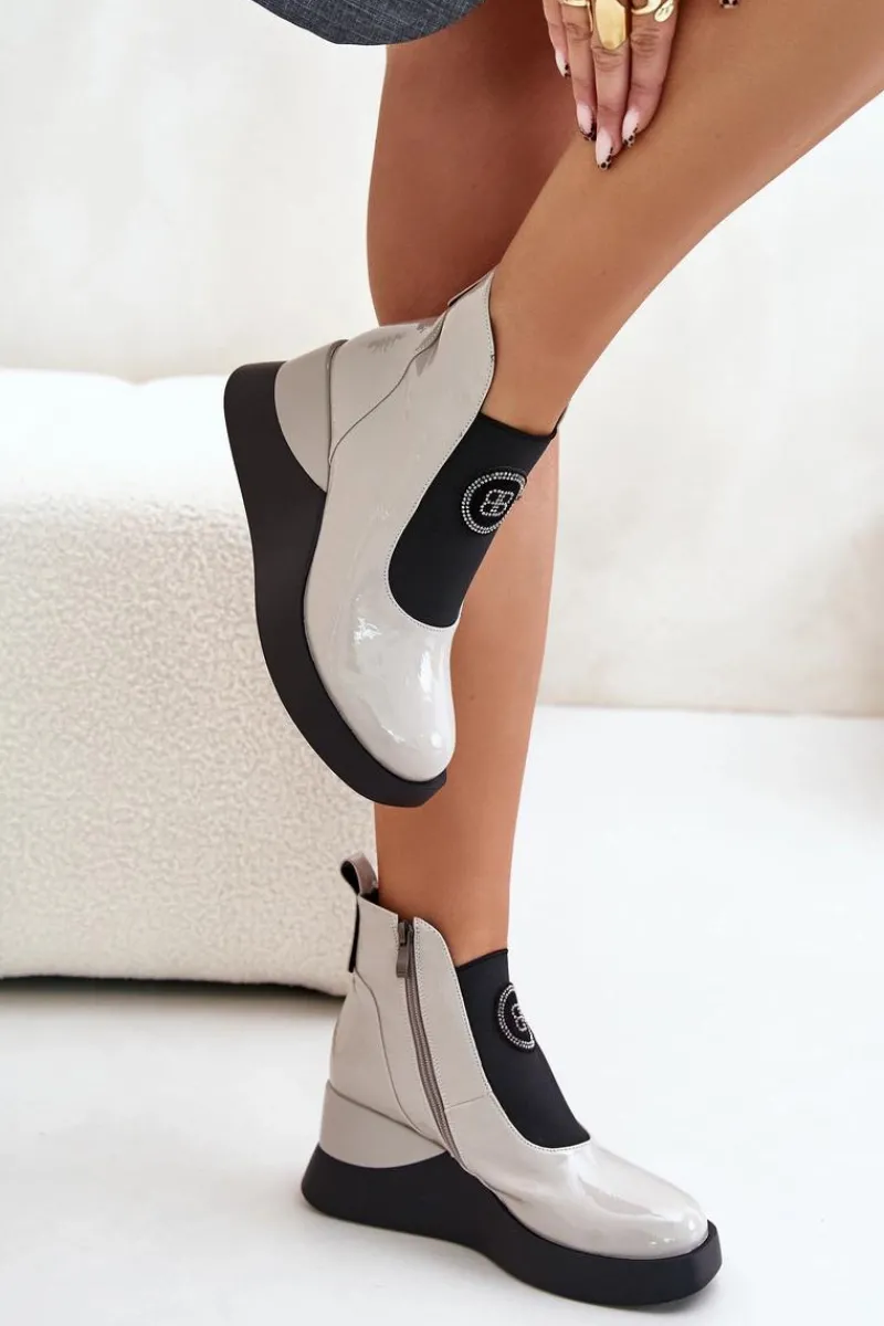 Best Skórzane Botki Na Koturnie D&A MR880-137 Jasnoszare Damskie Brązowe I Beżowe Botki|Botki Na Koturnie