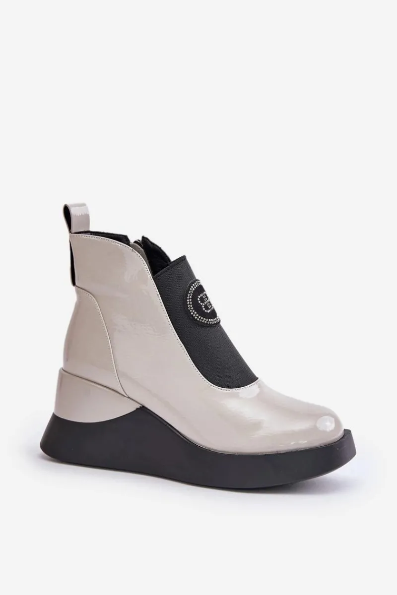 Best Skórzane Botki Na Koturnie D&A MR880-137 Jasnoszare Damskie Brązowe I Beżowe Botki|Botki Na Koturnie