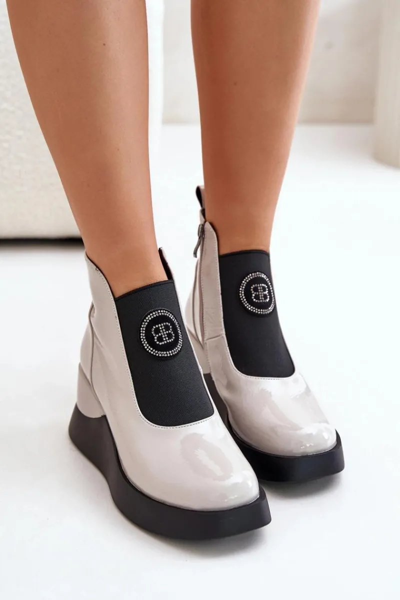 Best Skórzane Botki Na Koturnie D&A MR880-137 Jasnoszare Damskie Brązowe I Beżowe Botki|Botki Na Koturnie