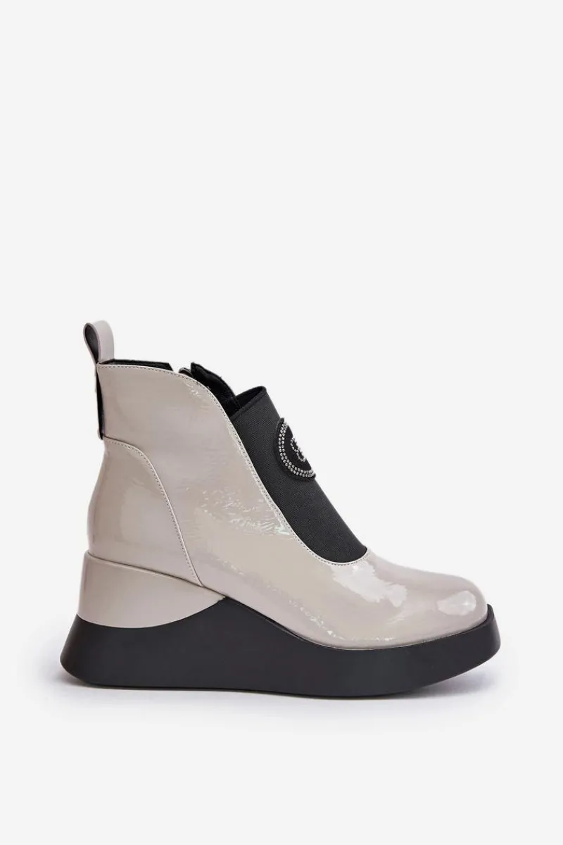 Best Skórzane Botki Na Koturnie D&A MR880-137 Jasnoszare Damskie Brązowe I Beżowe Botki|Botki Na Koturnie