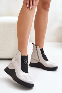 Best Skórzane Botki Na Koturnie D&A MR880-137 Jasnoszare Damskie Brązowe I Beżowe Botki|Botki Na Koturnie