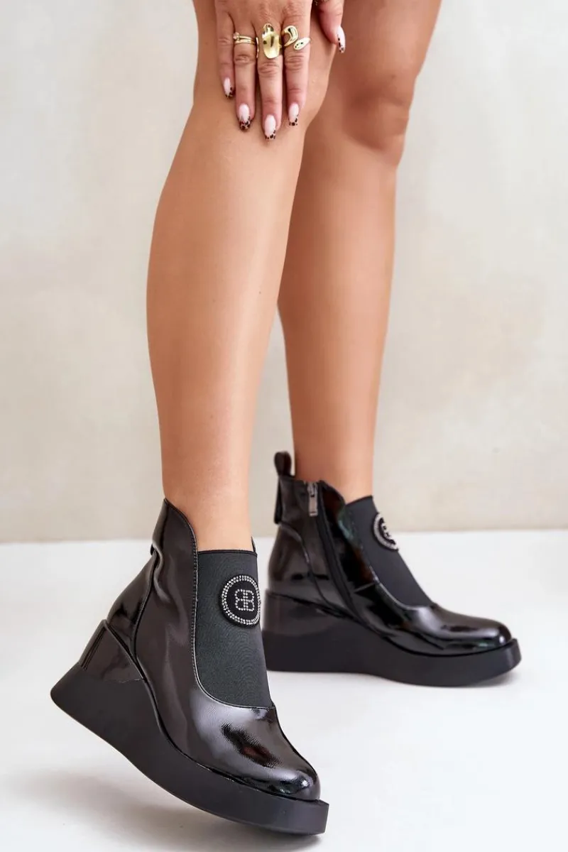 Clearance Damskie buty S.Barski Skórzane Botki Na Koturnie D&A MR880-137 Czarne