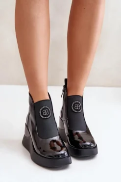 Clearance Damskie buty S.Barski Skórzane Botki Na Koturnie D&A MR880-137 Czarne