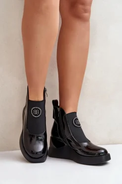 Clearance Damskie buty S.Barski Skórzane Botki Na Koturnie D&A MR880-137 Czarne