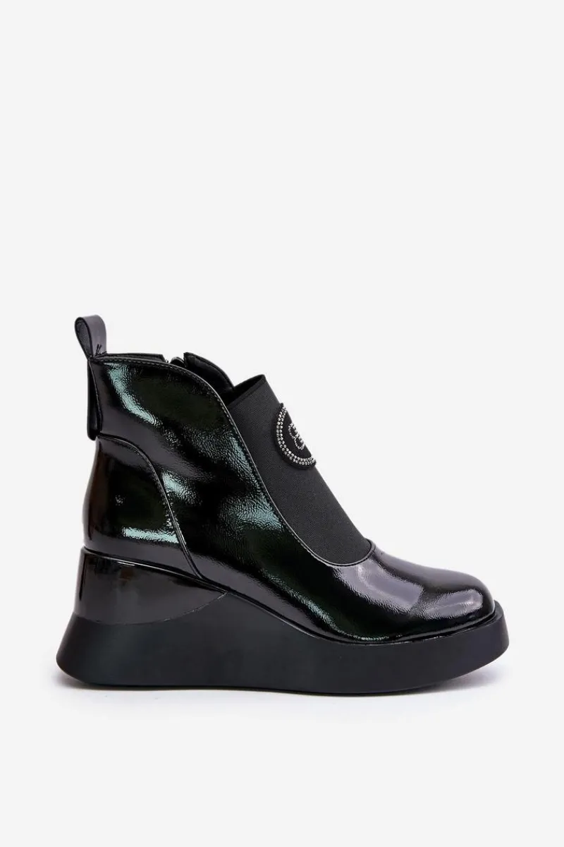 Clearance Damskie buty S.Barski Skórzane Botki Na Koturnie D&A MR880-137 Czarne