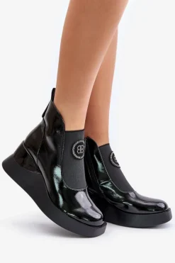 Clearance Damskie buty S.Barski Skórzane Botki Na Koturnie D&A MR880-137 Czarne