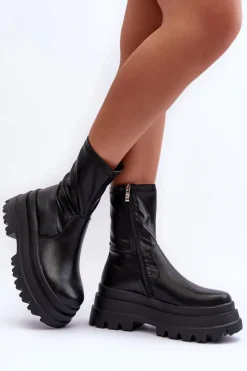 Czarne Botki|Botki Płaskie>Boto Skórzane Botki Na Masywnej Platformie Czarne Luinai