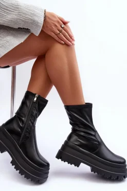 Czarne Botki|Botki Płaskie>Boto Skórzane Botki Na Masywnej Platformie Czarne Luinai