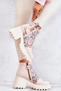 Sale Maciejka Skórzane Botki Na Masywnym Słupku Beżowe 05325-04