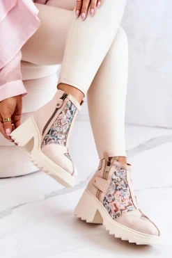 Sale Maciejka Skórzane Botki Na Masywnym Słupku Beżowe 05325-04