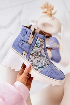 Outlet Skórzane Botki Na Masywnym Słupku Niebieskie 05325-06 Damskie Botki Wiosenne|Botki Maciejka