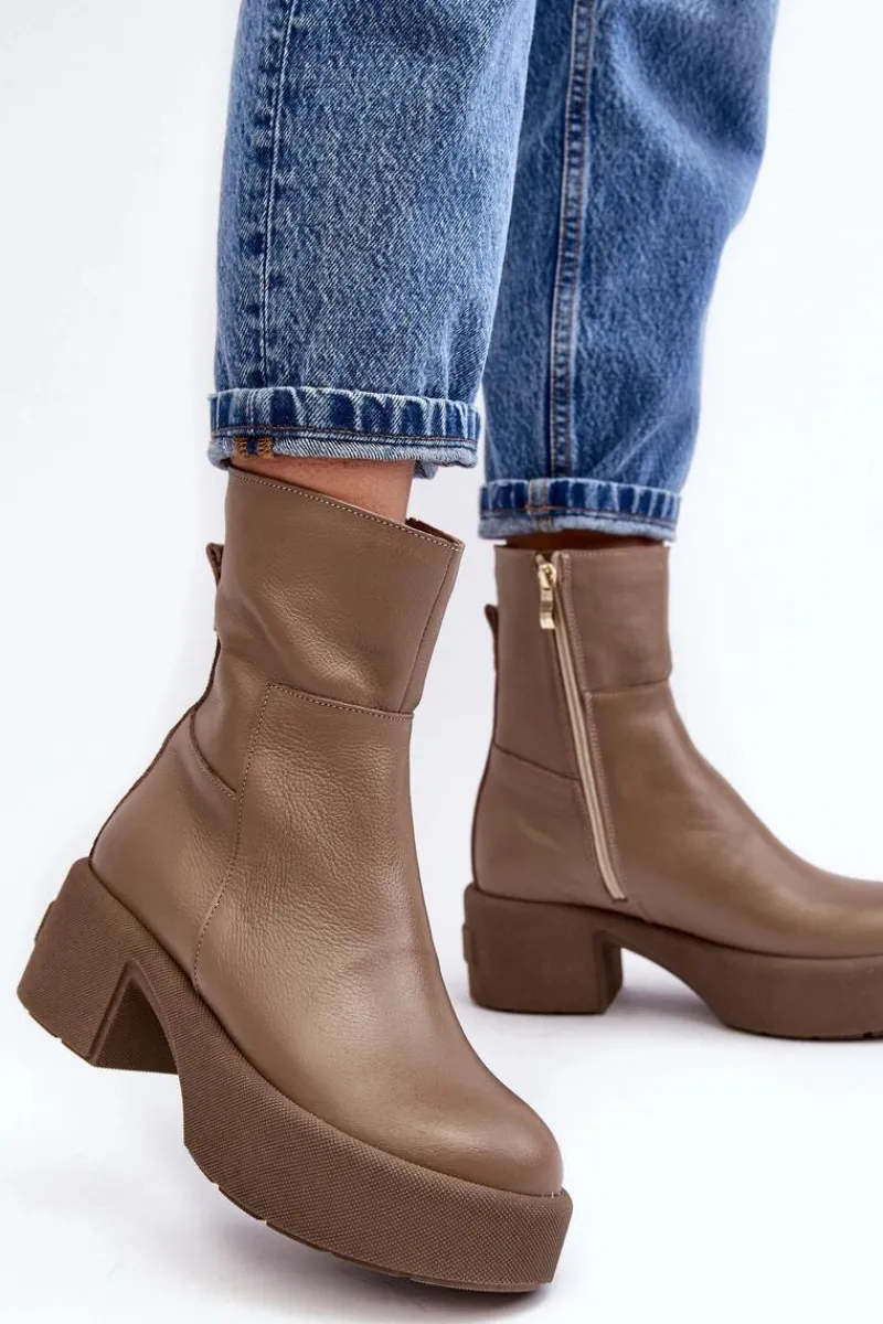 Botki Skórzane|Botki Sznurowane>Boto Skórzane Botki Na Niskim Obcasie Ciemnobeżowe Lemar Volavola